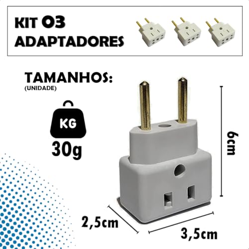 KIT 3 Adaptador De Tomada Universal Em Porcelana 3 Pinos Benjamin 10A/20A Para 2 e 3 Pinos Bivolt 11