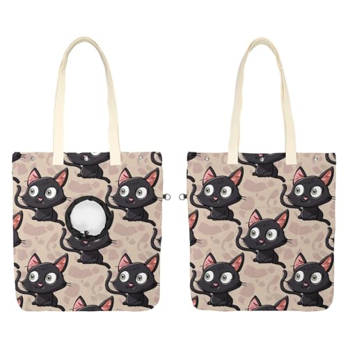 Pet Canvas Shoulder Bag Soft-Sided,Dog Purse Carrier for Small Dogs and Cats, Portable Pet Handbag with Adjustable Hole, Pet Washable Travel Tote Bag,Cute Black Cat 19.3''x16.5''