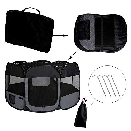 lionto Welpenauslauf faltbar aus Oxfordgewebe & atmungsaktivem Netzstoff, Ø 110cm, Höhe 64 cm, Laufstall für innen & außen mit 2 Eingängen, Pop-up-System, inkl. Tragetasche & Heringe, schwarz/grau