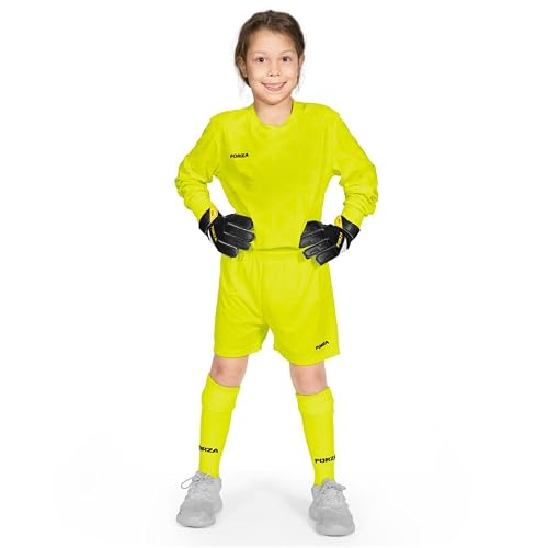 Image of FORZA Kids' Goalkeeper Long Sleeve Kit – Breathable & Sweat-Wicking Football Goalie Set – Includes Shirt, Shorts & Knee-High Socks (Fluro Yellow, Age 9-10 (Junior))