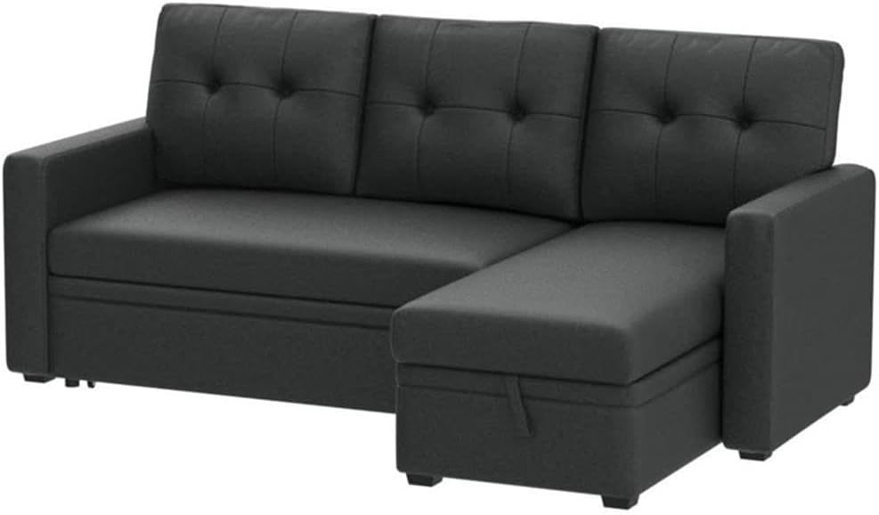 Devion Furniture L-Shaped Polyester Fabric Reversible, Easy Convertible Pull-Out Sleeper Sectional Sofa/Storage Chaise with Tufted Back Cushions and Track Arms in Dark Gray