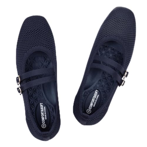 Image of Frank Mully Women's Flats Square Toe Mary Jane Shoes Ballet Flats with Strap Comfortable Slip On Knit Shoes Dressy Casual