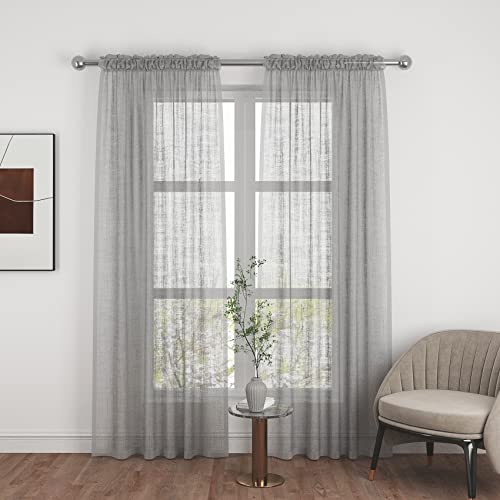 Upopo Grey Sheer Curtains 80 Inches Long Living Room Kitchen Dining Curtain Sheers Basement 2 Panels Voile Transparent Bedroom Drapes Linen Textured Rod Pocket Window Treatment Set #TOP7