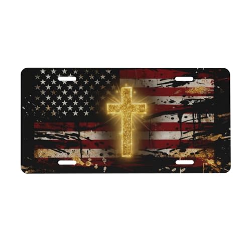 LHUAIKI The American Flag Golden Cross Front License Plate Car Decorative License Plates Aluminum Metal Decor Accessory Novelty Vanity Tag Cover with 4 Holes for Men Women 6" X 12"