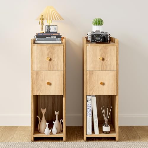Small Nightstand Set of 2, Wood 2 Drawer Narrow Nightstand, Slim Side Table, Modern Skinny End Bedside Table, Natural Wood Night Stand with Drawers for Bedroom (Natural-2 pcs)
