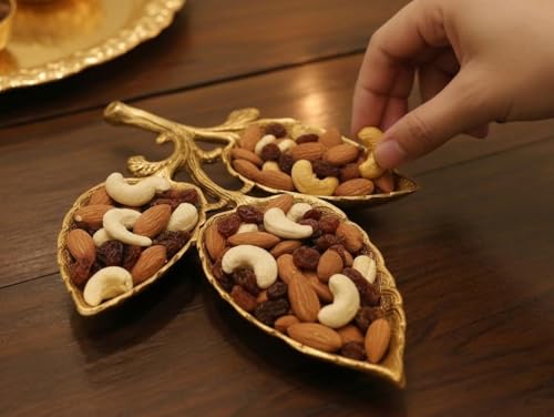 Image of Kridaykraft Metal Gold Polish Leaf-Shaped 3-Section Dry Fruit Tray, 17x17 cm, 250 gm, Decorative Serving Platter