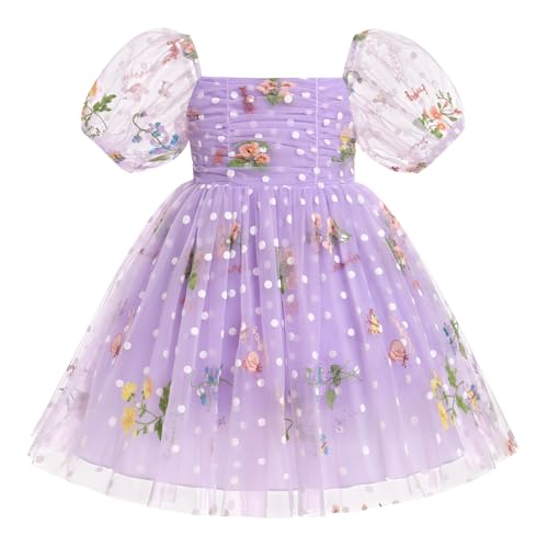 IBTOM CASTLE Toddlers Girls Floral Embroidery Birthday Dress Short Puff Sleeve Dress Polka Dot Princess Party Dress
