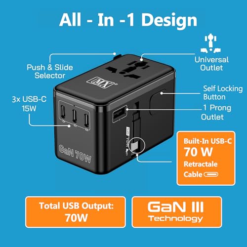 Image of MX GaN 70W Universal Travel Adapter with Retractable 54cm USB-C Cable, 3 USB-C Ports & 1 A Port, 1 Universal Socket, 6-in-1 Fast Charging International Adapter, Type A /C /G /I Output 200+ Countries