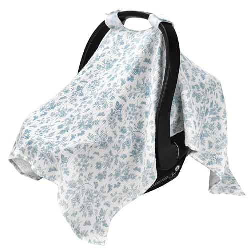 Image of SERAPHY 100% Muslin Cotton Car Seat Covers for Babies - Universal, Breathable Canopies for Boys and Girls - Soft Summer Car Seat Cover - Blue Flowers