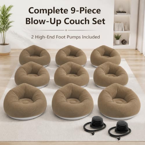 Image of 9 Pcs Inflatable Bean Bag Chairs for Adults with Foot Air Pump, Blow up Couch, Folding Portable Inflatable Couch Lazy Sofa for Outdoor Movie Night Camping (Coffee)