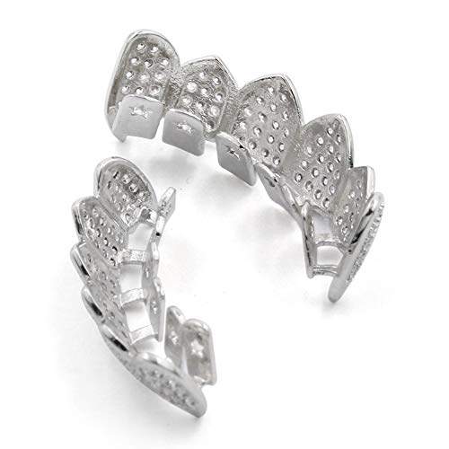 TOPGRILLZ Grillz Vampire Teeth - Silver Grills for Your Teeth Diamond Grillz for Women Men 18K Gold Plated Iced out Hip Hop Rapper Costume Cosplay Extra Molding Bars3