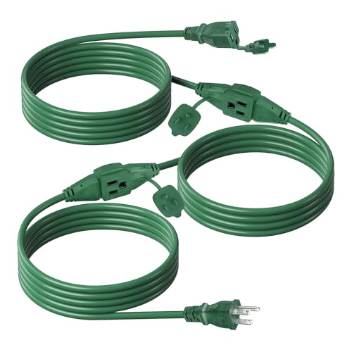 BN-LINK 25 ft Outdoor Extension Cord w/3 Inline Outlets 16/3 Gauge, SJTW Green for Landscaping & Holiday Decorations, Grounded, ETL Listed