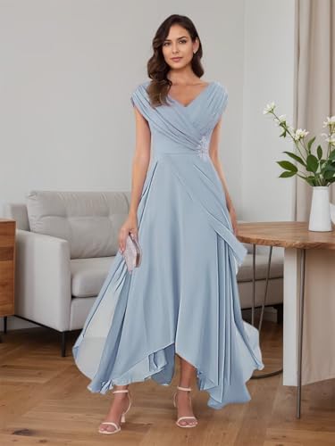 Tea Length Mother of Bride Dresses Long Ruchd V Neck Formal Wedding Guest Dress for Women2