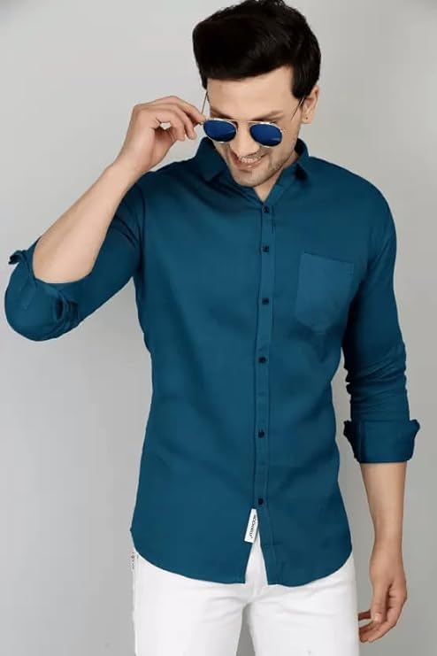 Image of Men's Slim Fit Cotton Casual Shirt with Full Sleeves and Spread Collar