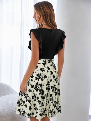 Image of YATHON Women's Vintage Ruffle Sleeve Floral A Line Cocktail Party Dresses