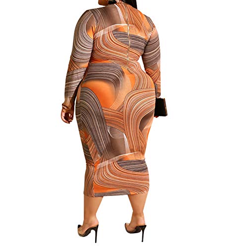 Iymoo Sexy Dress For Plus Size Women-Floral Print V Neck/Mock Neck Reversible Long Sleeve Belted Zip Bodycon Dress Club Outfits Orange 3Xl #TOP2