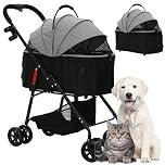 Pet Stroller 3-in-1,Pet Stroller with Removable Carrier,One-Click Foldable Cat Dog Pram for Medium Dogs,Cats Loads Up to 20KG (Grey)