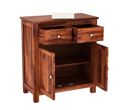 Image of Solid Sheesham Wood Wooden Sideboard Storage Cabinet : Ideal for Living Room and Bedroom with 2 Drawers and 2-Shelf Storage (Clovis, Honey Finish)