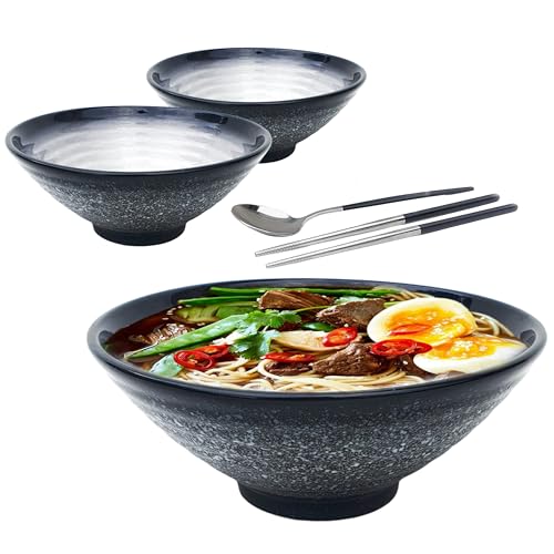 6 Pieces Ceramic XL Ramen Bowls Set: 60 oz Pho Bowl. Asian Chinese Japanese. Includes: Stainless steel Spoon And Chopsticks. Noodles, Rice, Soup, Thai, Chinese, Korean, Udon, Wonton, Miso. (Blue)