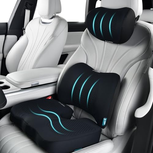 Image of FLORICH 3 PCS Seat Cushion for Carseat Lumbar Support Pillow Car Neck Headrest Pillows Memory Foam Gel Memory Foam Massage Point Seat Pads Pressure Relief Back Cushion for Office Chair(Black)