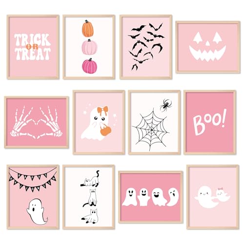 Whaline 12Pcs Halloween Wall Art Prints Cute Pink Ghost Pumpkin Boo Art Poster Trick or Treat Aesthetic Wall Decor for Gallery Living Room Bedroom (UNFRAMED 11 x 14 Inch)