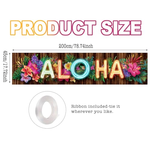 Image of Nuxovilar Aloha Banner Hawaiian Party Decorations 78.7x17.7 Inches | Luau Party Decorations, Tropical Sign, Island Photo Background, Porch Wall Decoration, Yard Lawn Home (Aloha Flower)