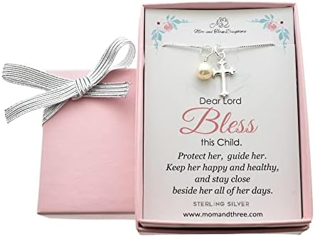 Mom and Three Daughters - Cross Kids Necklace for Girls, Sterling Silver Necklace Gift for Baptism, Handmade Necklaces on 14-Inch Box Sterling Silver Chain, Stylish Silver Jewelry with Pearl