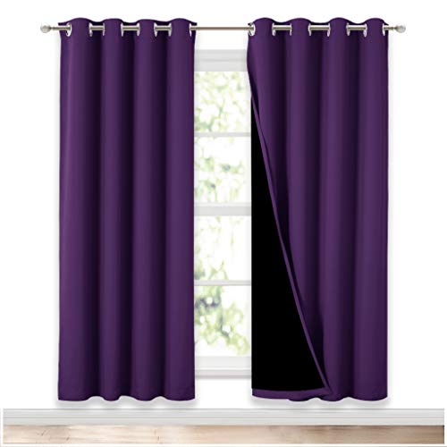 Image of NICETOWN Living Room Completely Shaded Draperies, Privacy Protection & Noise Reducing Ring Top Drapes, Black Lined Insulated Window Treatment Curtain Panels(Royal Purple, 2 Pieces, W52 x L72)