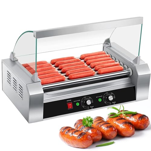 Máquina comercial for hacer perritos calientes, parrilla de acero inoxidable de 1050 W con 7 rodillos de calor, máquina for cocinar perritos calientes sobre encimera con tapa, ajuste de temperatura