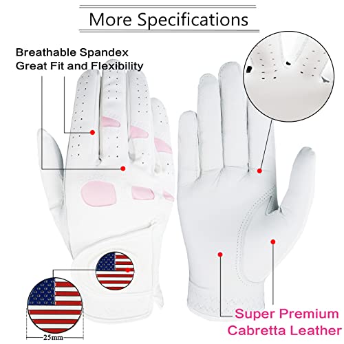 Golf Gloves Women Right Hand With Ball Marker Usa Flag Leather 2 Pack For Left Handed Golfer All Weather Grip Soft Comfortable For Ladies (Small,Worn On Right Hand) #TOP1