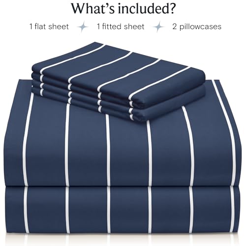 Image of LuxClub 4 PC Cal King Size Sheet Set, Breathable Luxury Bed Sheets, Deep Pockets 18 inch Wrinkle Free Cooling Machine Washable Hotel Bedding (Striped Navy)