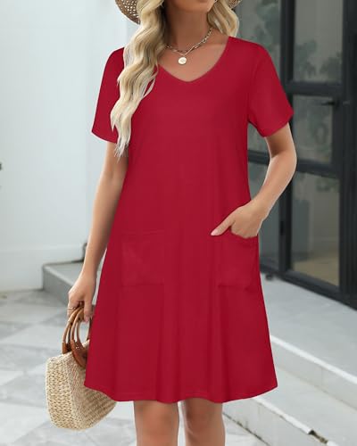 Image of CHICGAL Summer Dresses for Women V Neck Short Sleeve Casual Loose T Shirt Sundress Beach Cover Ups with Pockets 2026