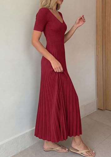 Image of PRETTYGARDEN Women's 2026 Spring Midi Sweater Dresses Elegant Pleated Ribbed Knit Short Sleeve V Neck A Line Summer Outfits