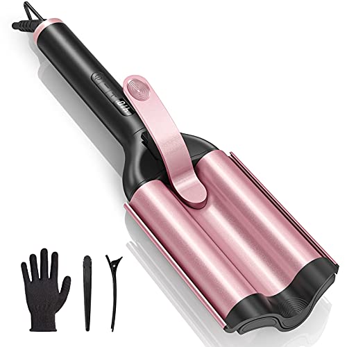 Three Barrel Curling Iron Wand, Ceramic Triple Hair Waver & Hair Crimper for Deep Waves with LCD Temp Display, Beach Waves Curling Iron for All Hair Type,Dual Voltage(Rose Pink)