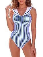SHEKINI Damen Einteiler Badeanzug Bauchweg Navy Style Badeanzug Damen(L, Blaue Streifen) – Ansicht 1