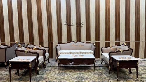 Image of CLASSIC WOOD & CRAFT Luxury 7-Seater Wooden Sofa Set Hand-Carved Teak Wood Sofa with Onex Top Center Table & Side Tables Victorian Style Upholstered Sofa Set Royal Living Room Furniture for Home