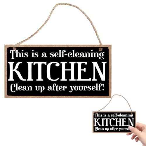 Image of Home Wall Decor Wooden Sign, "This is a Self-Cleaning Kitchen" Funny Plaque, Rustic Kitchen Decorations for Wall, Decorative Home Accessories