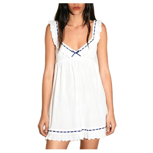 Image of Women Y2K Babydoll Mini Dress Cute Bow Lace Trim Pleated Ruffle Short Sundress Casual Party Vacation One Pieces