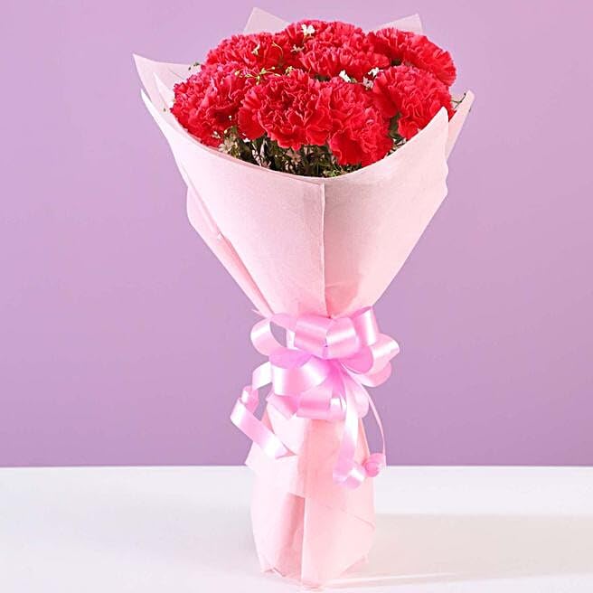16 Red Carnations Bouquet in Pink Paper Wrap | Send Live Flower on Birthday, Anniversary, Father's Day, Mother's Day, Congratulations & Retirement | Natural Flower Delivery in 4 hrs-image-0
