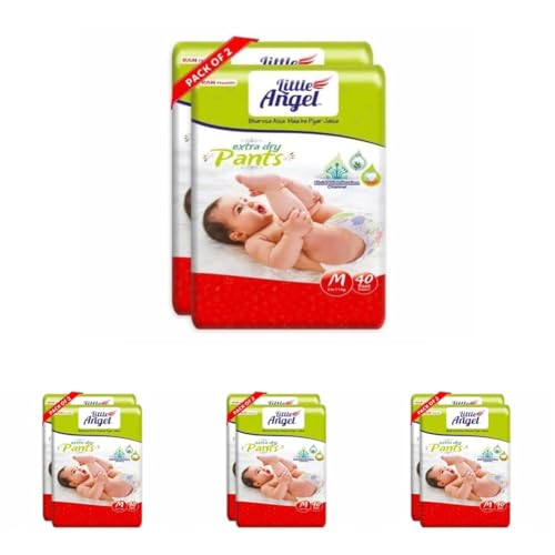 Image of Little Angel Extra Dry Baby Pants Diaper, Medium (M) Size, 80 Count, Super Absorbent Core Up to 12 Hrs Protection & Wetness Indicator, Upto 5-11kg (40 count /pack, Pack of 8)