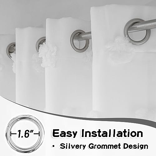 Image of MYSKY HOME Light Blocking White Curtains for Living Room White Sheer Pom Pom Kids Room Decor Drapes 102 Inches Long Double Layer Curtain for Sliding Door Grommet Window Panels Set of 2 52 inch x 102 inch