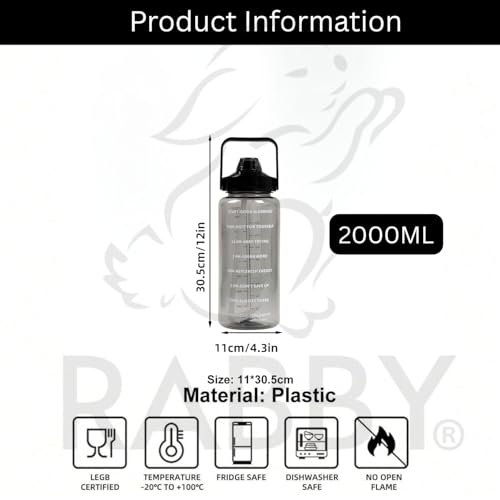 Image of RABBY 2L Motivational Water Bottle for Kids & School Use | Time Marker, BPA-Free, Leakproof Straw Lid, Carry Strap | Plastic Water Bottle for Travel, Sports, Gym, Office, (Black 1Pcs)