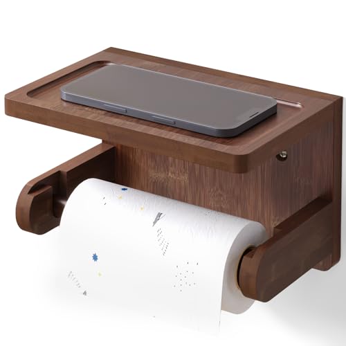VERTORGAN Toilet Paper Holder with Phone Shelf,Bamboo Wall Mounted Tissue Roll Holder for Bathroom (Brown)