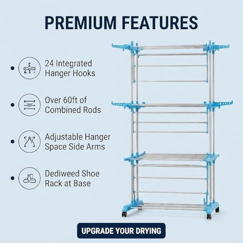 Image of SR Foldable Multi Layer Clothes Drying Stand with Wheels | Adjustable Stainless Steel Laundry Dryer Rack for Indoor & Outdoor | 3 Layer Drying Rack for Balcony | Movable Clothes Drying Stand