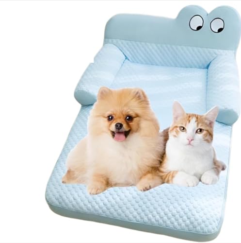 犬猫兼用 ひんやり冷却マット 枕付きペットベッド 通気性 洗えるクールソファ 夏用 涼感クッション 滑り止め付き 軽量&柔らかい 快適な暑さ対策 小型犬 中型犬 猫 4~20kg対応 (取り外し可能,XL,ブルー)