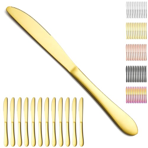 Berglander Gold Tafelmesser Set von 12 Stück, Titan vergoldet Edelstahl Buttermesser Speisemesser für Zuhause, Restaurant, Hotel, spülmaschinenfest