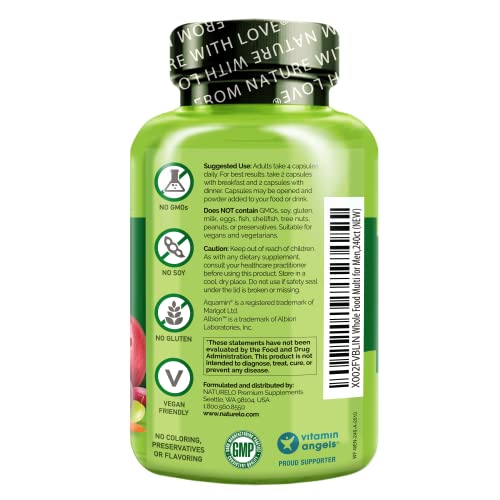 Naturelo Whole Food Multivitamin For Men - Vitamins, Minerals, Antioxidants, Organic Extracts - Vegetarian - For Energy, Brain, Heart, Eye Health - 240 Vegan Capsules, 1 Pack #TOP1