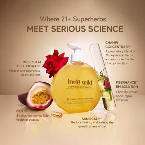 Image of indē wild Champi Bond Repair Shampoo | 17 Amino Acid Complex, Pea Protein, Pro-Vitamin B5 | Bhringraj, Coconut Oil, Amla Extract | Strengthening, Hairfall Control & Scalp Cleanser | 300ml