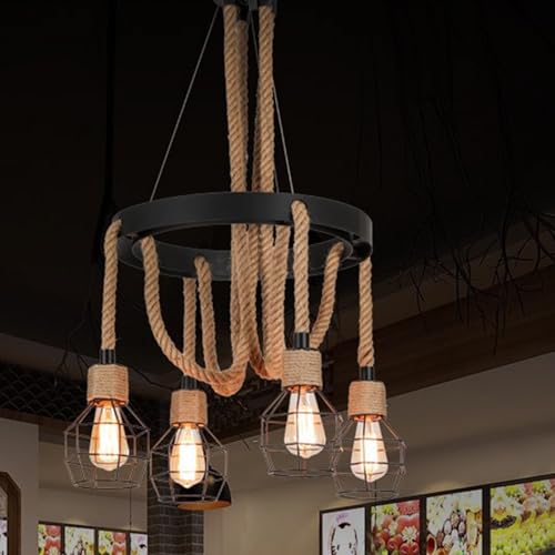 Luminaire rétro design en jute et fer noir suspension E27 longue 4 têtes pour salon