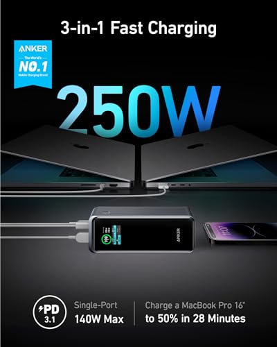 Image of Anker Prime Power Bank, 27,650mAh 3-Port 250W Portable Charger for Travel, TSA-Approved, Smart App, for MacBook Pro /Air, iPhone 16 /15 /14 Series, Samsung, Laptops, and More (Charging Base Not Included)